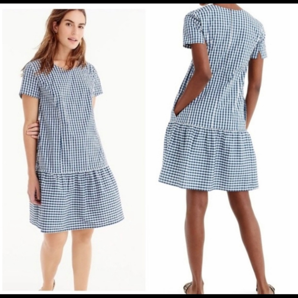 J Crew Blue and White Gingham Dress w/Pockets S